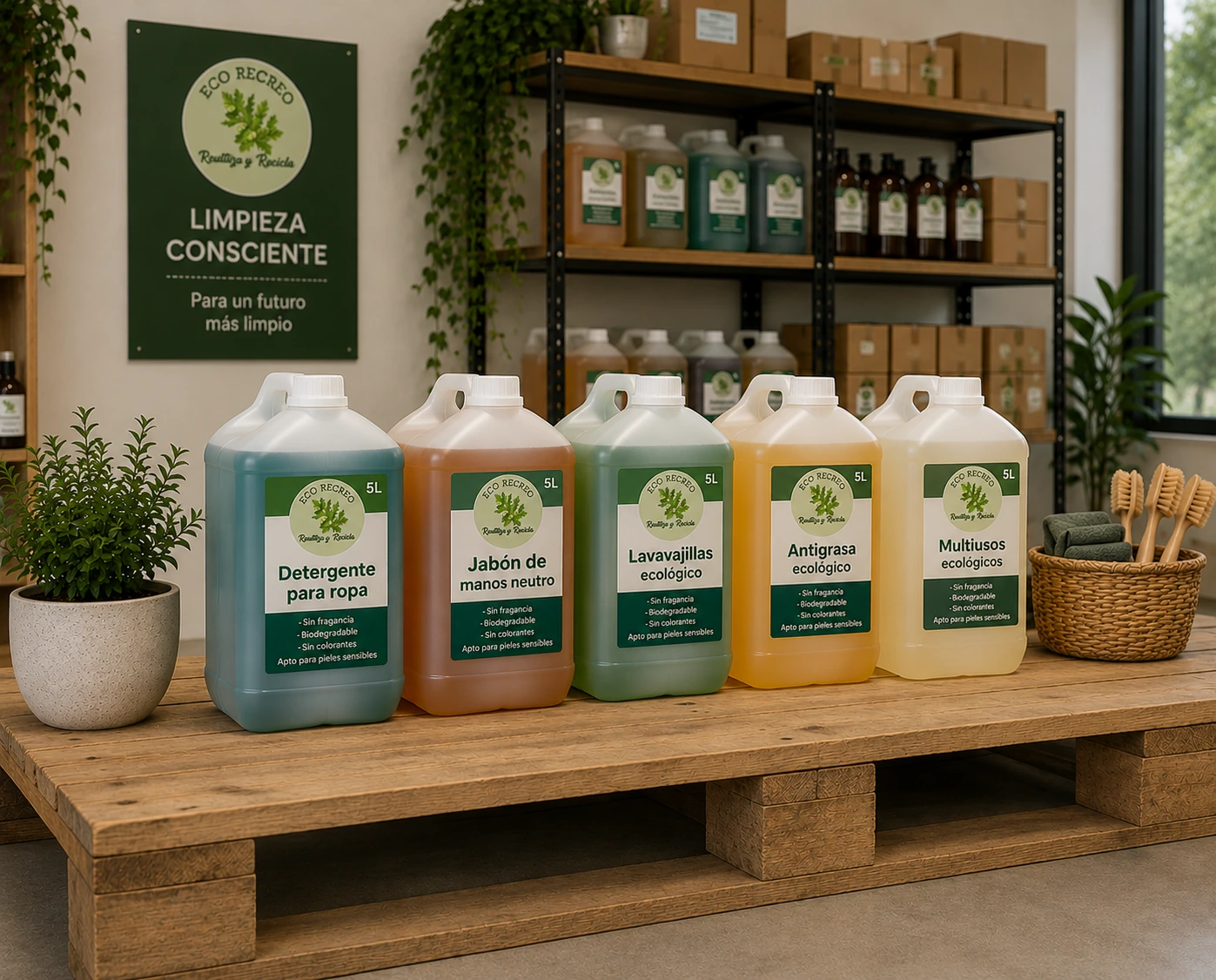 Bidones de limpieza ECOrecreo de 5L en bodega profesional Horeca