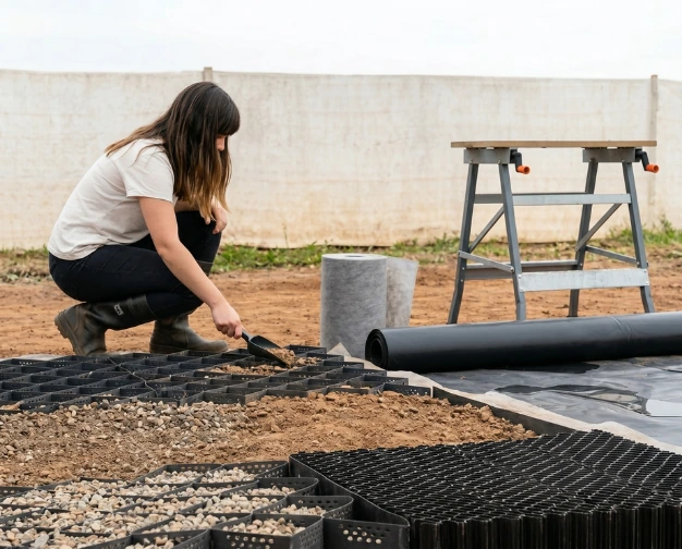 Instalación de geoceldas HDPE ECOrecreo en terreno, división industrial