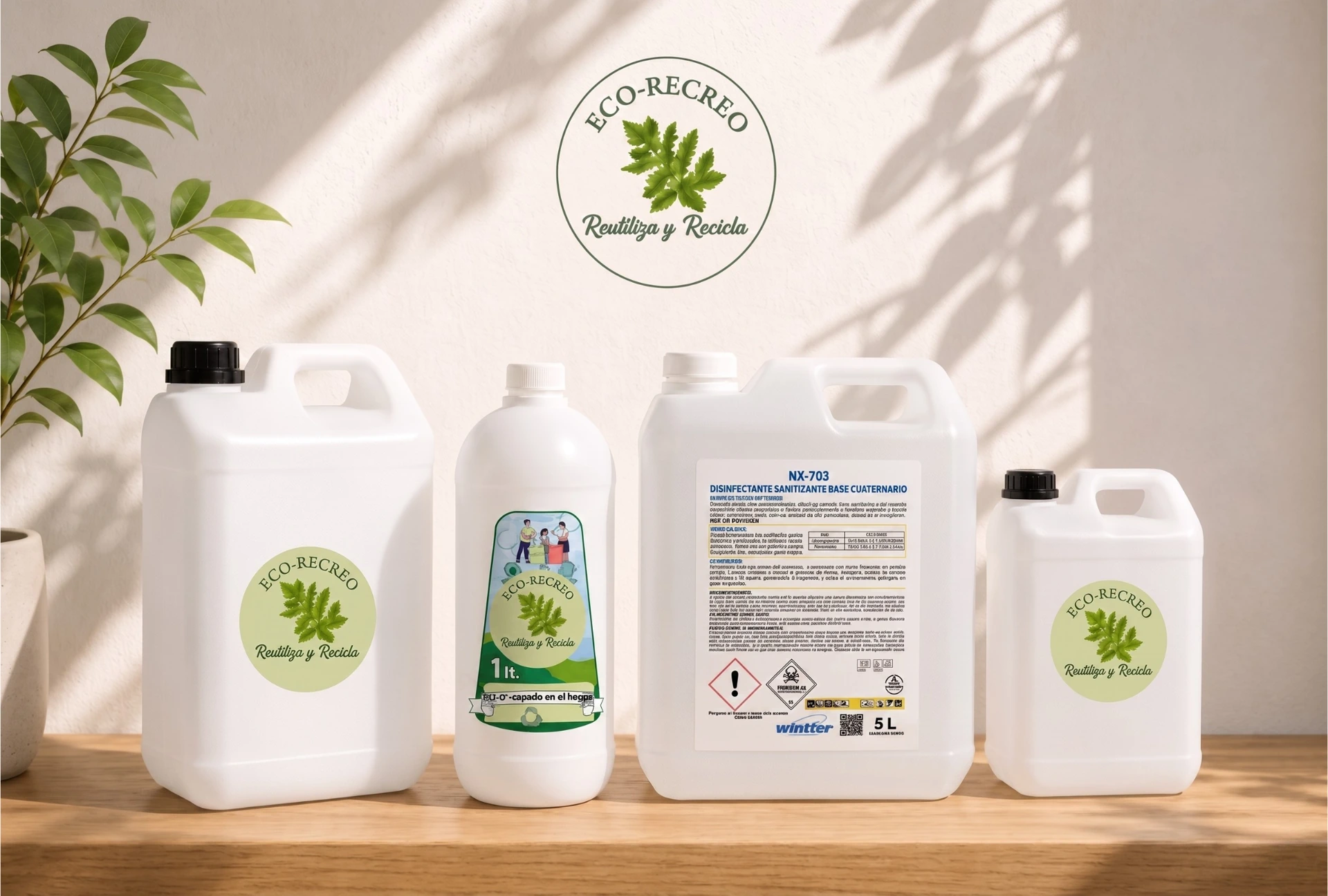 Línea de bidones de limpieza ECOrecreo biodegradables: detergente, lavalozas, desinfectante y multiuso