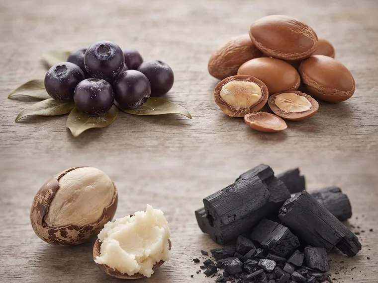 Ingredientes naturales de ECOrecreo sobre madera: maqui, nueces de argán, manteca de karité y carbón activado