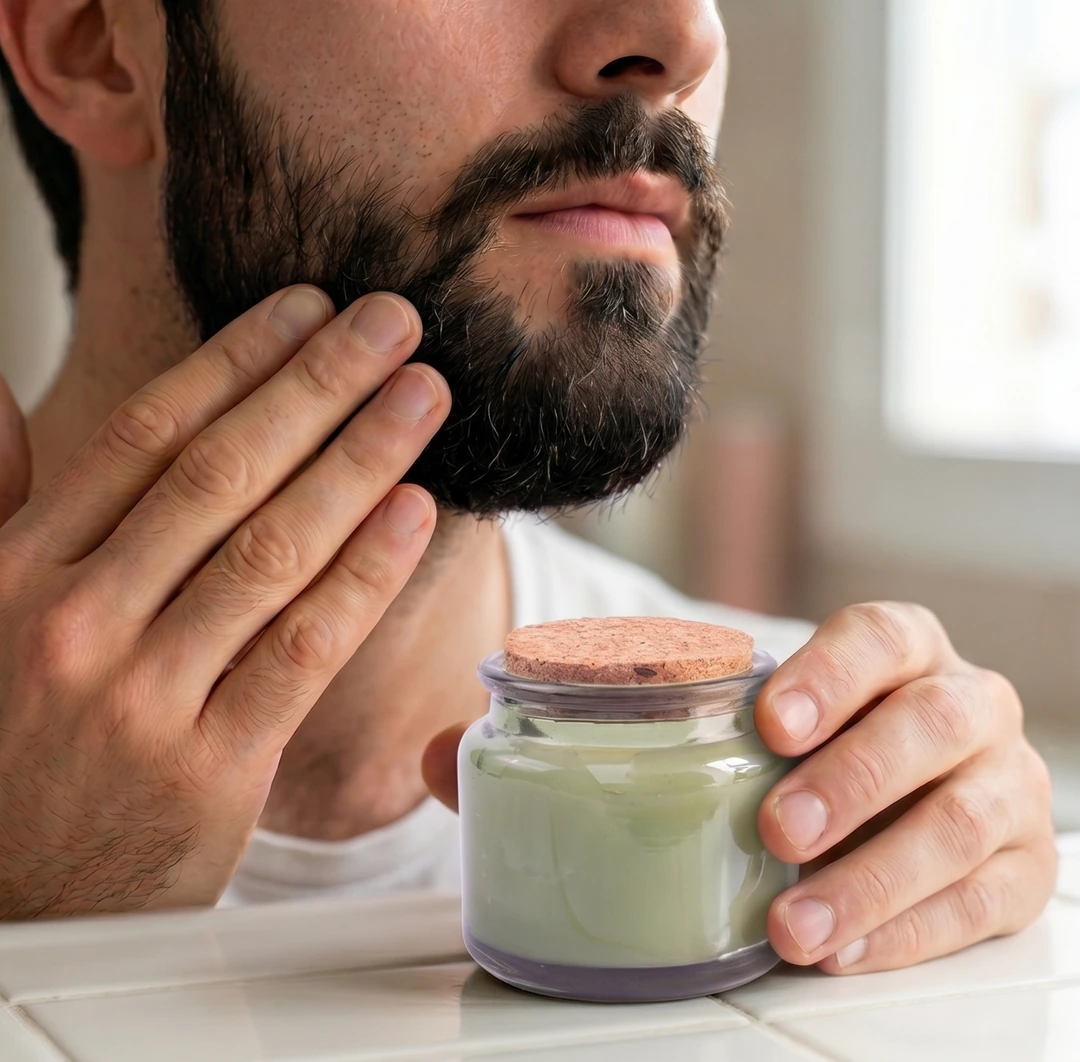 Hombre aplicando bálsamo de barba Elún